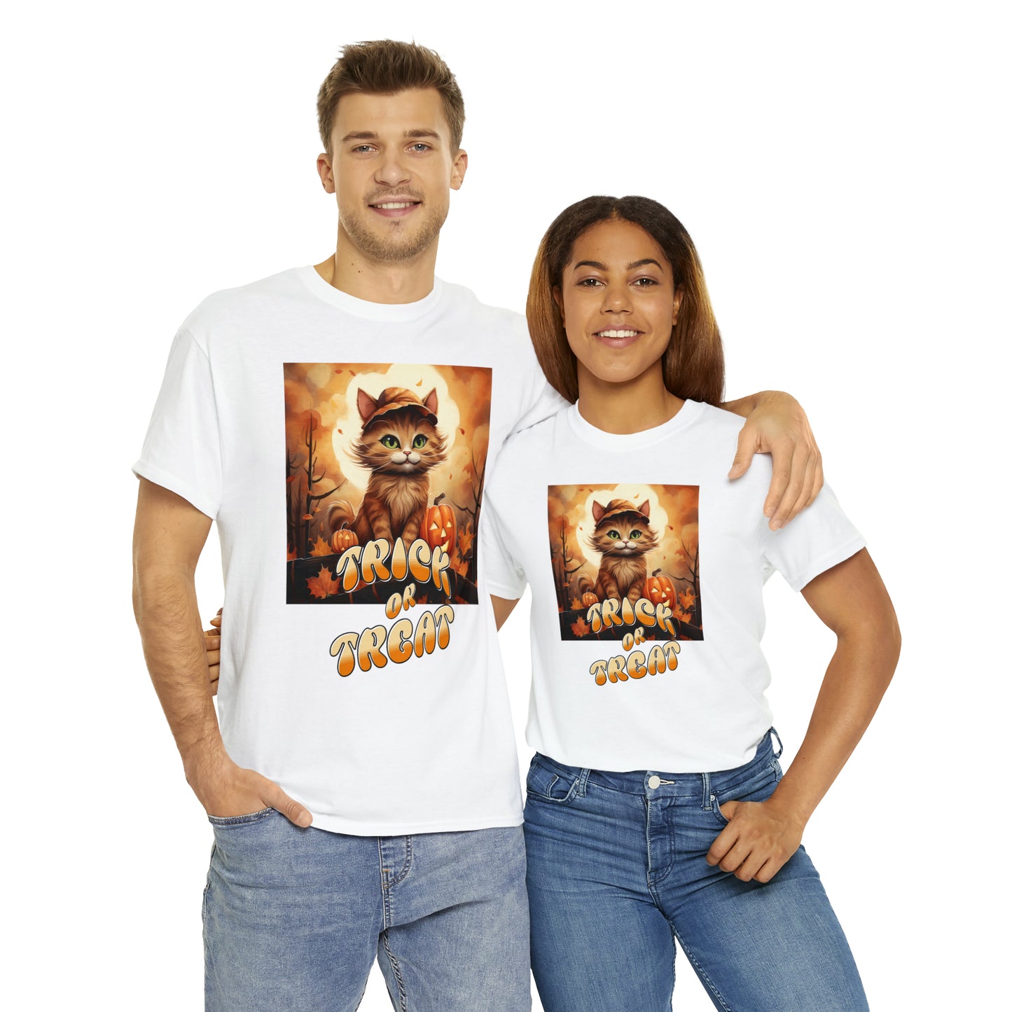 Unisex Cotton T-Shirt Trick or Treat Pumpkin Cat Graphic Costume Tee