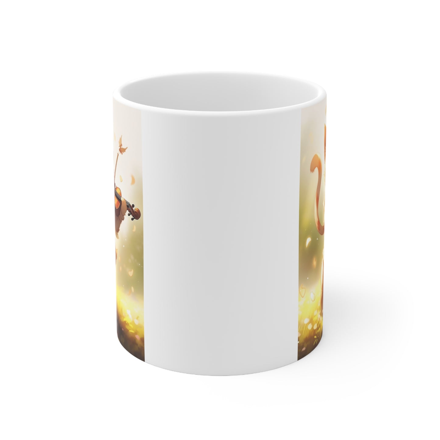 White Mug 11oz Ginger Cat Playing Violin in Forest Anime Style