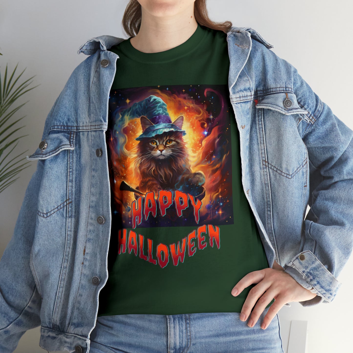 Unisex Cotton T-Shirt Happy Halloween Wizard Cat Graphic Costume Tee