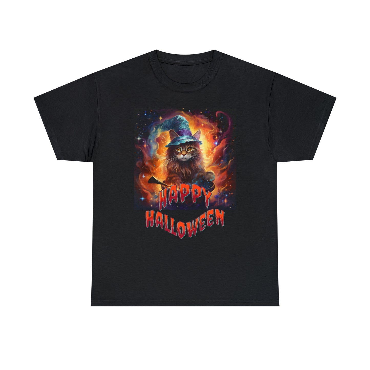 Unisex Cotton T-Shirt Happy Halloween Wizard Cat Graphic Costume Tee