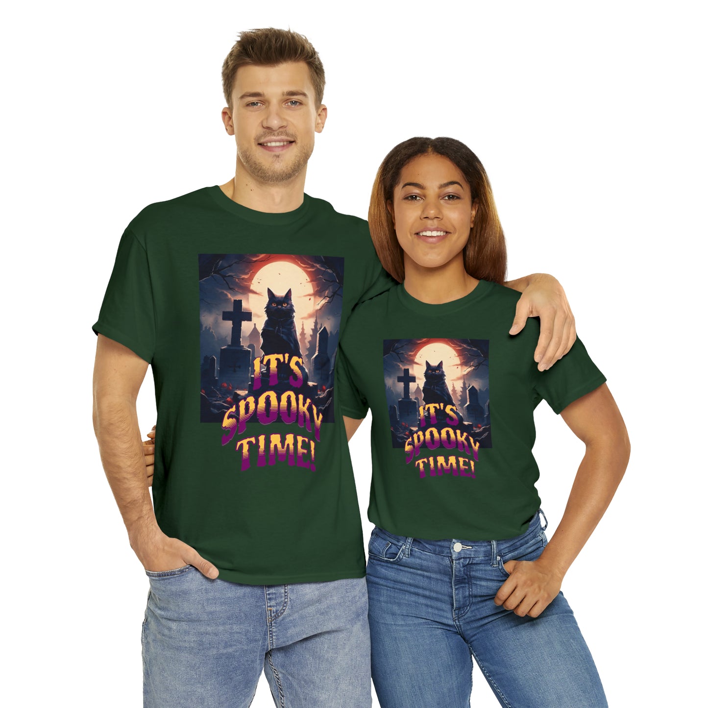 Unisex Cotton T-Shirt Vampire Cat in Spooky Graveyard Halloween Tee