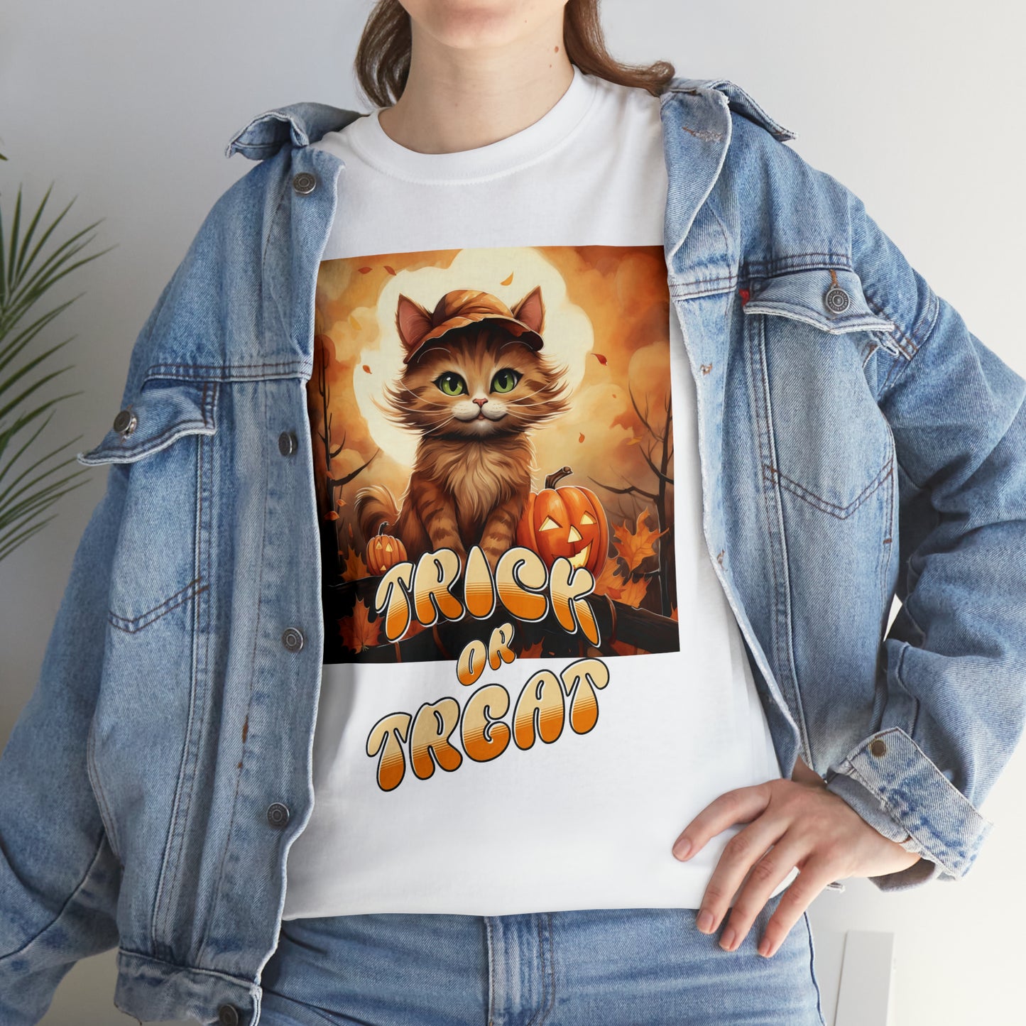 Unisex Cotton T-Shirt Trick or Treat Pumpkin Cat Graphic Costume Tee