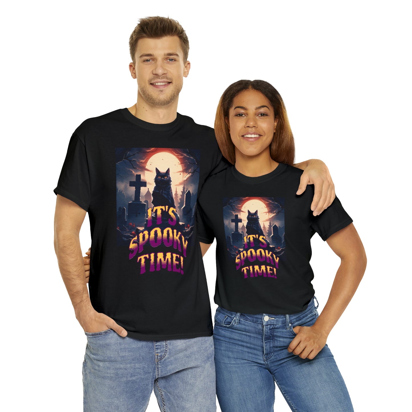 Unisex Cotton T-Shirt Vampire Cat in Spooky Graveyard Halloween Tee