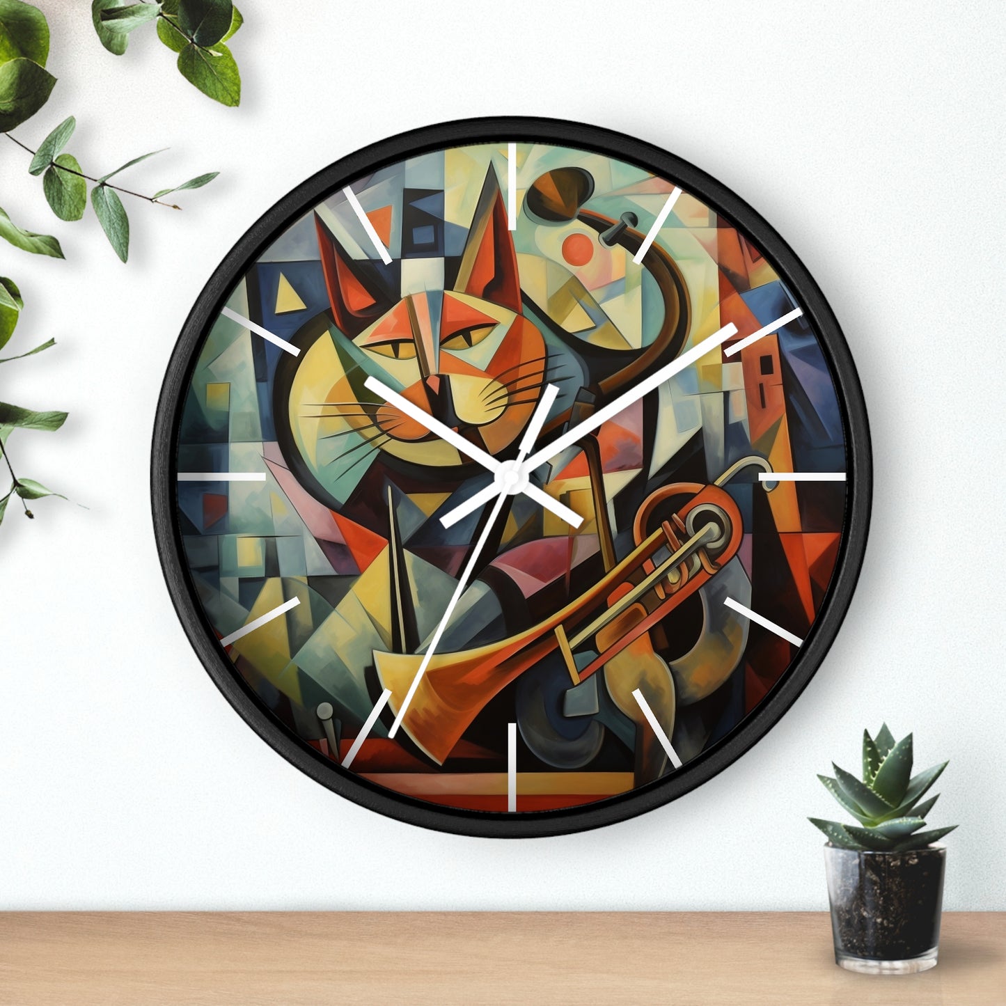 Wall Clock Trumpeter Cat Play Trumpet Music Cubism Graphic Home Decor