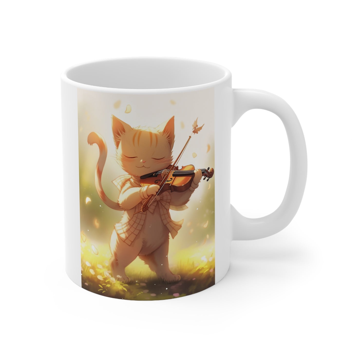 White Mug 11oz Ginger Cat Playing Violin in Forest Anime Style