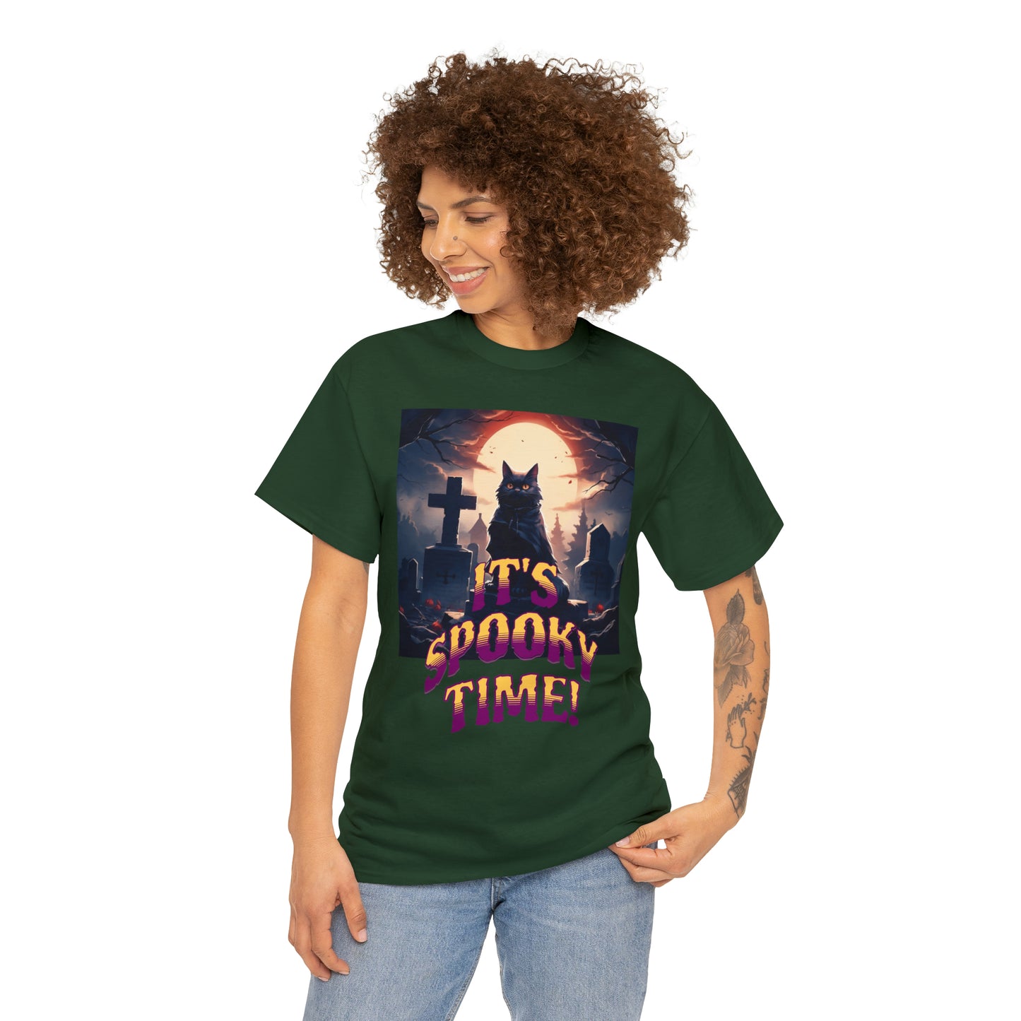 Unisex Cotton T-Shirt Vampire Cat in Spooky Graveyard Halloween Tee