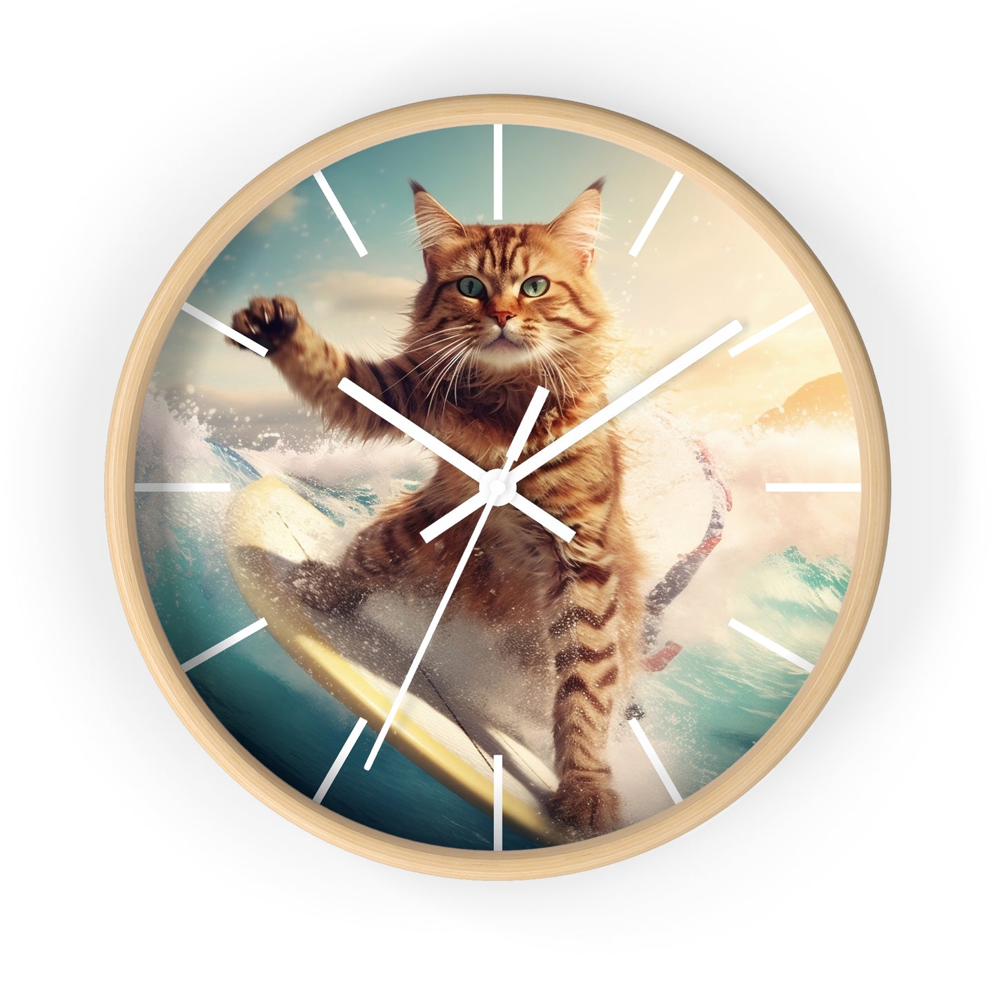 Wall Clock Brown Tabby Cat Surfing at Beach Home Decor