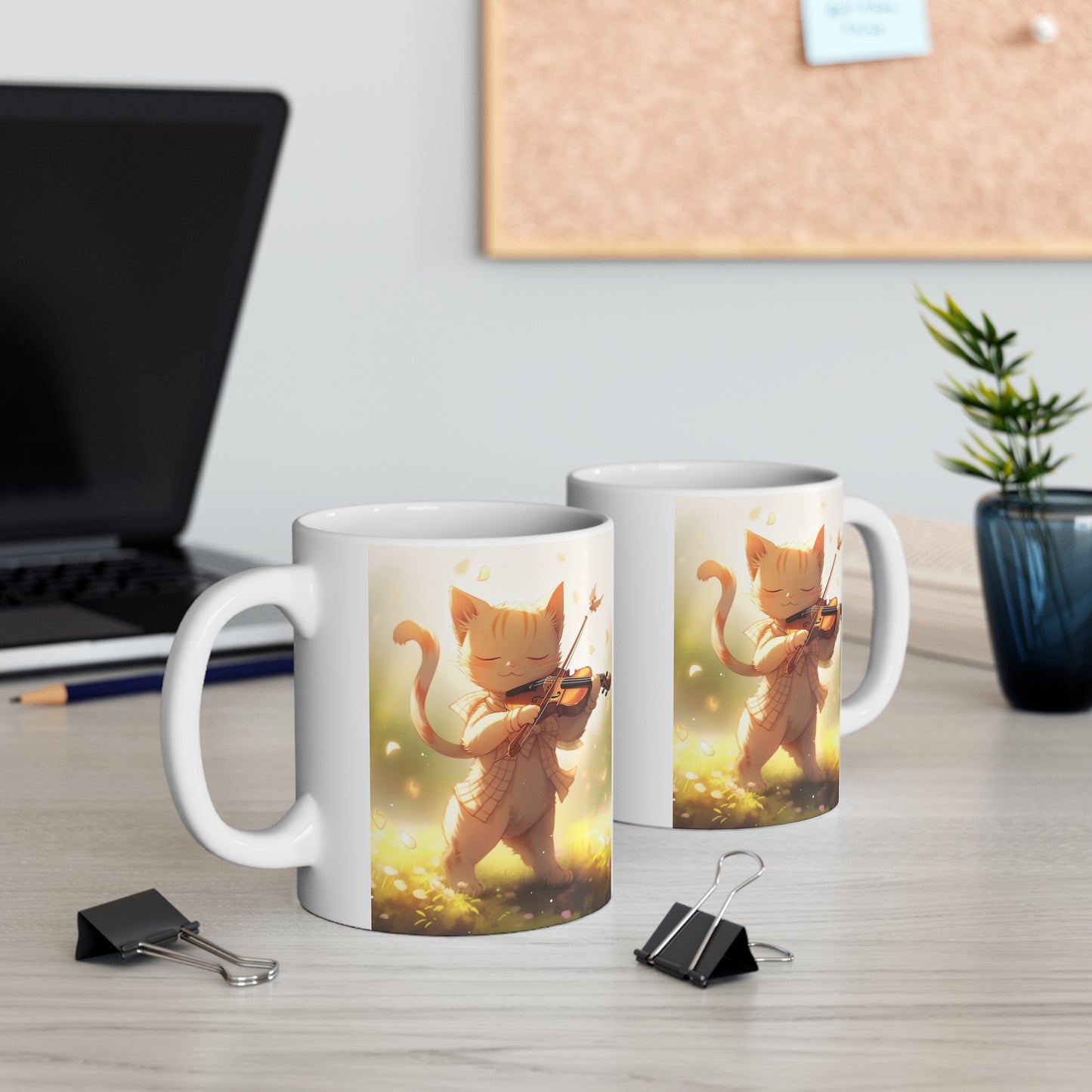 White Mug 11oz Ginger Cat Playing Violin in Forest Anime Style