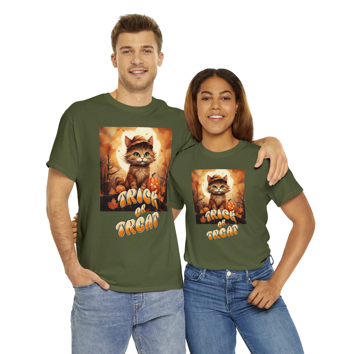 Unisex Cotton T-Shirt Trick or Treat Pumpkin Cat Graphic Costume Tee