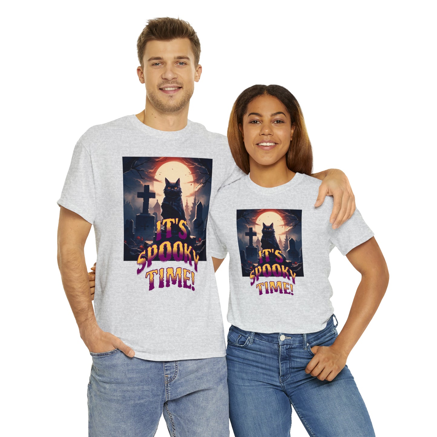 Unisex Cotton T-Shirt Vampire Cat in Spooky Graveyard Halloween Tee