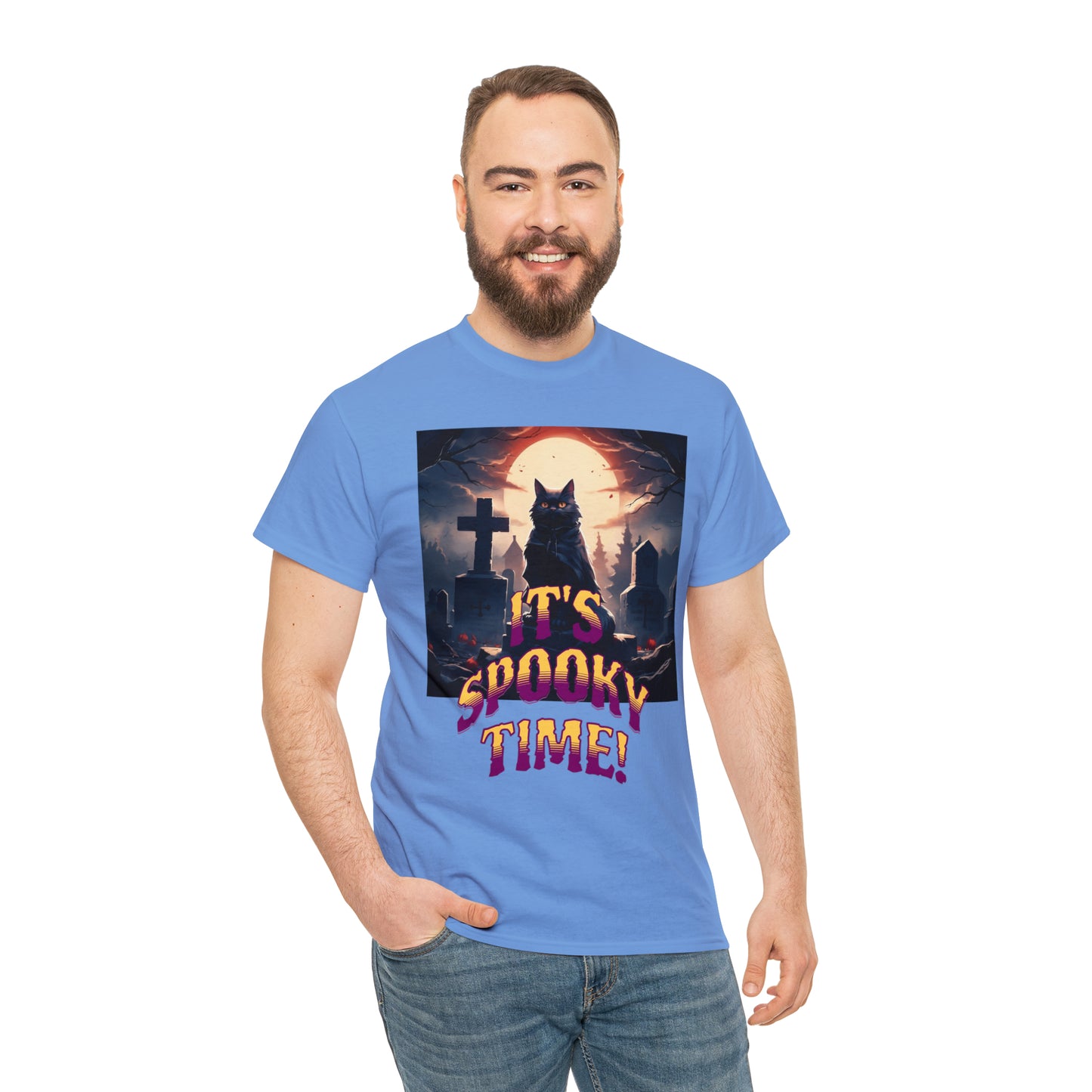 Unisex Cotton T-Shirt Vampire Cat in Spooky Graveyard Halloween Tee
