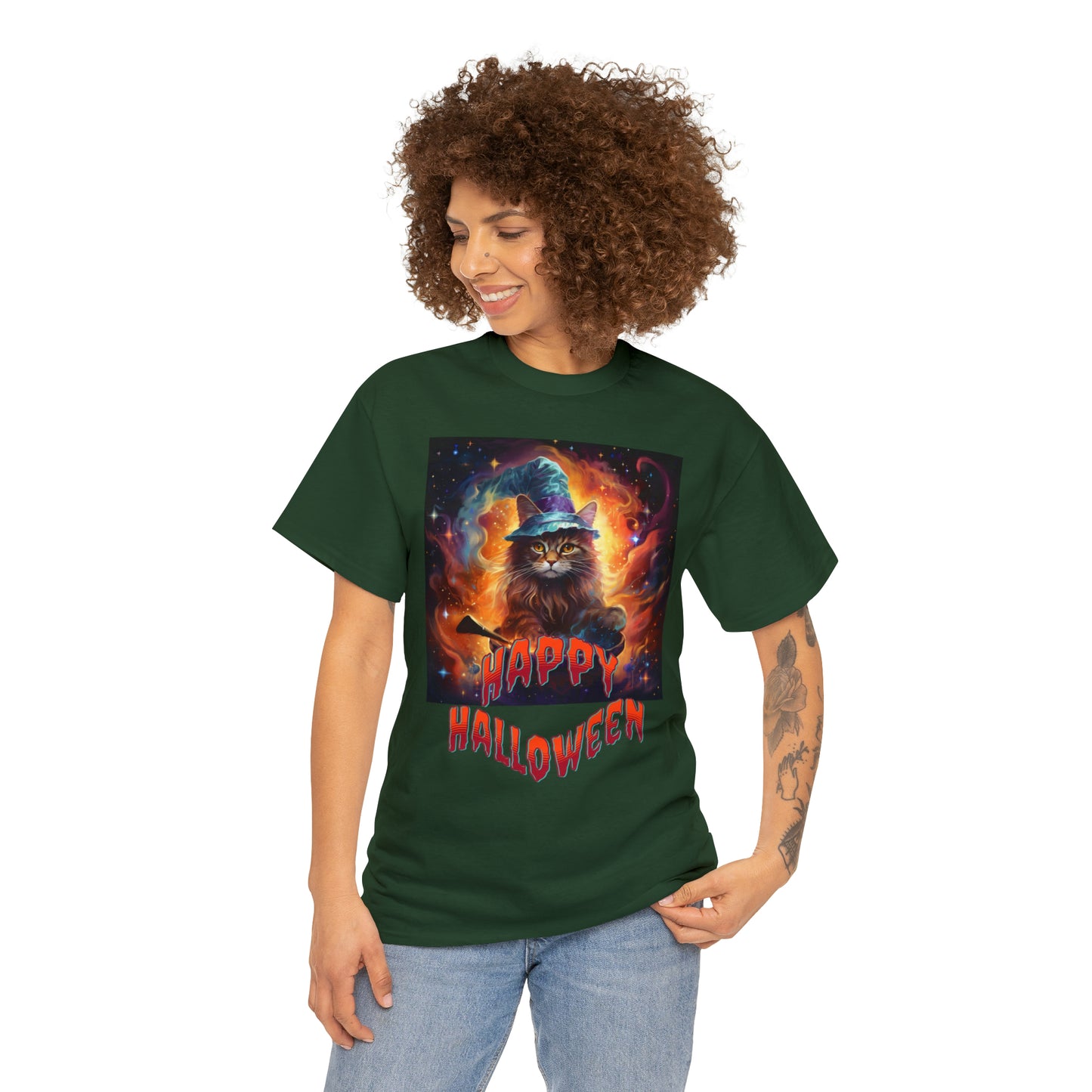 Unisex Cotton T-Shirt Happy Halloween Wizard Cat Graphic Costume Tee
