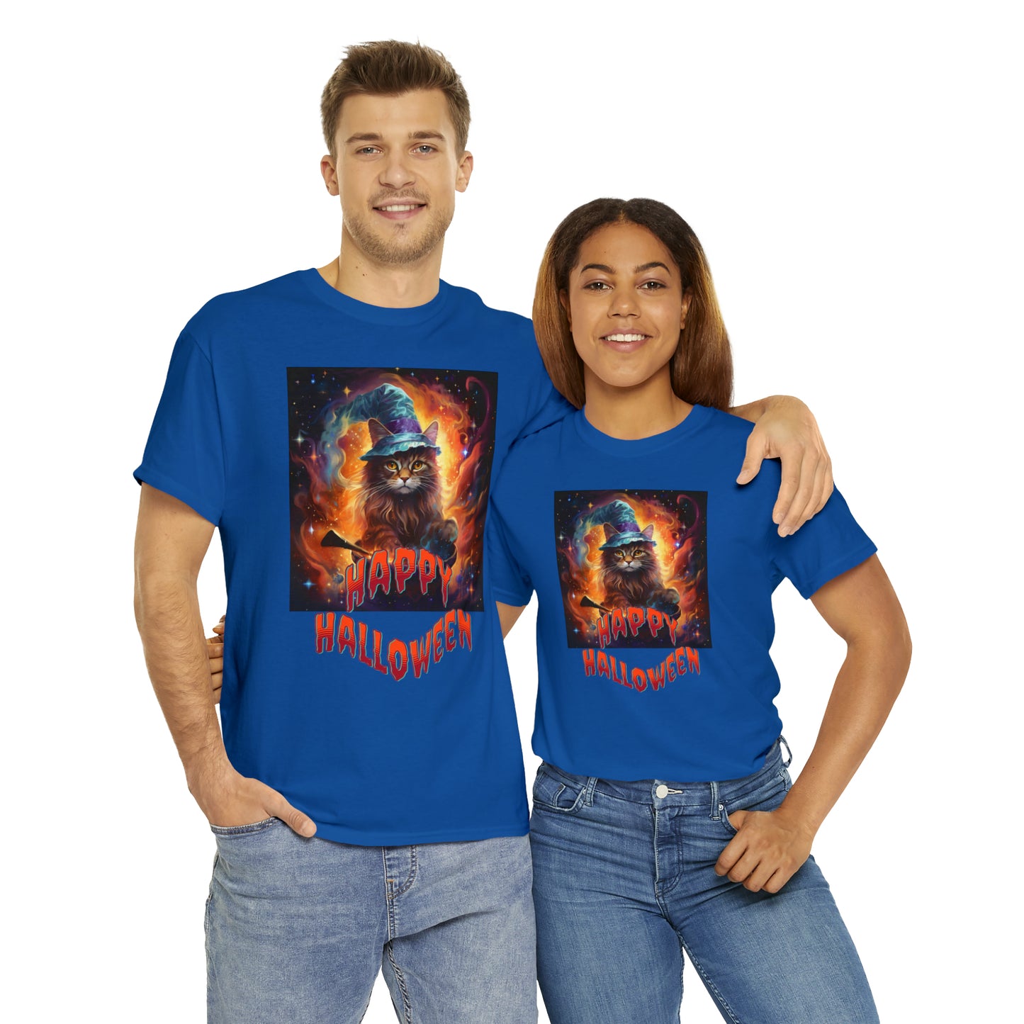 Unisex Cotton T-Shirt Happy Halloween Wizard Cat Graphic Costume Tee