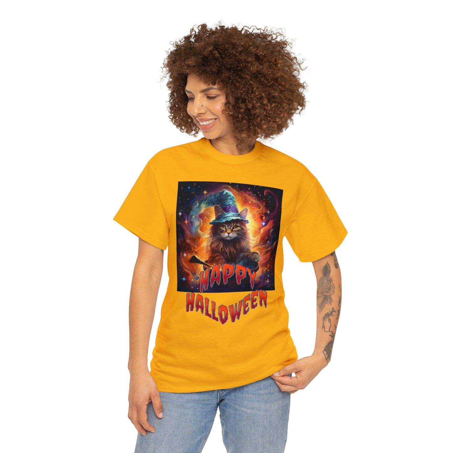 Unisex Cotton T-Shirt Happy Halloween Wizard Cat Graphic Costume Tee