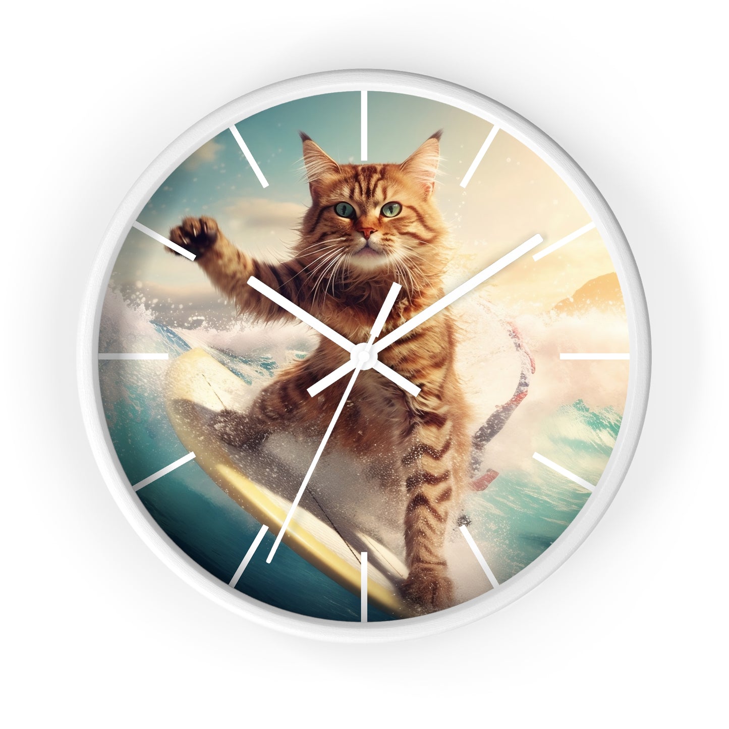Wall Clock Brown Tabby Cat Surfing at Beach Home Decor