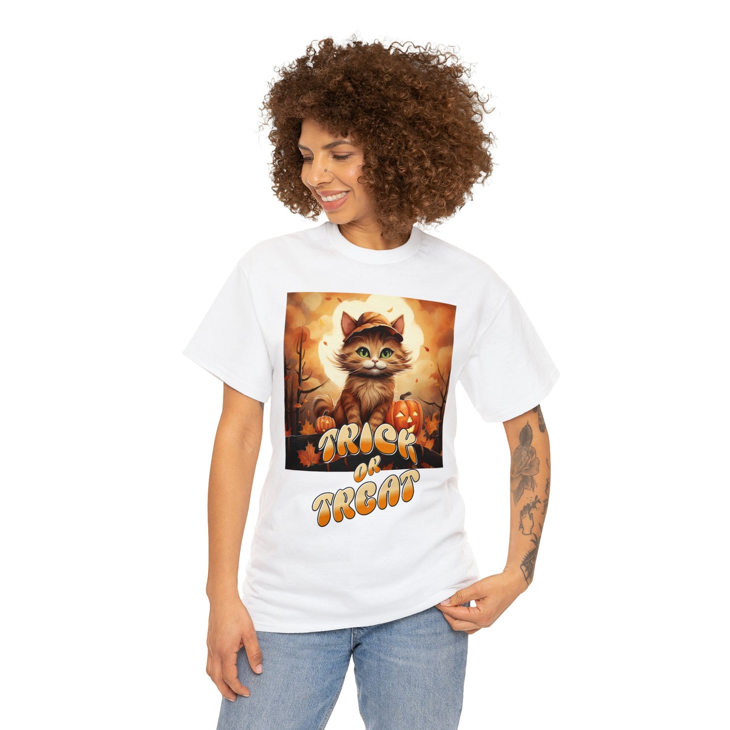 Unisex Cotton T-Shirt Trick or Treat Pumpkin Cat Graphic Costume Tee