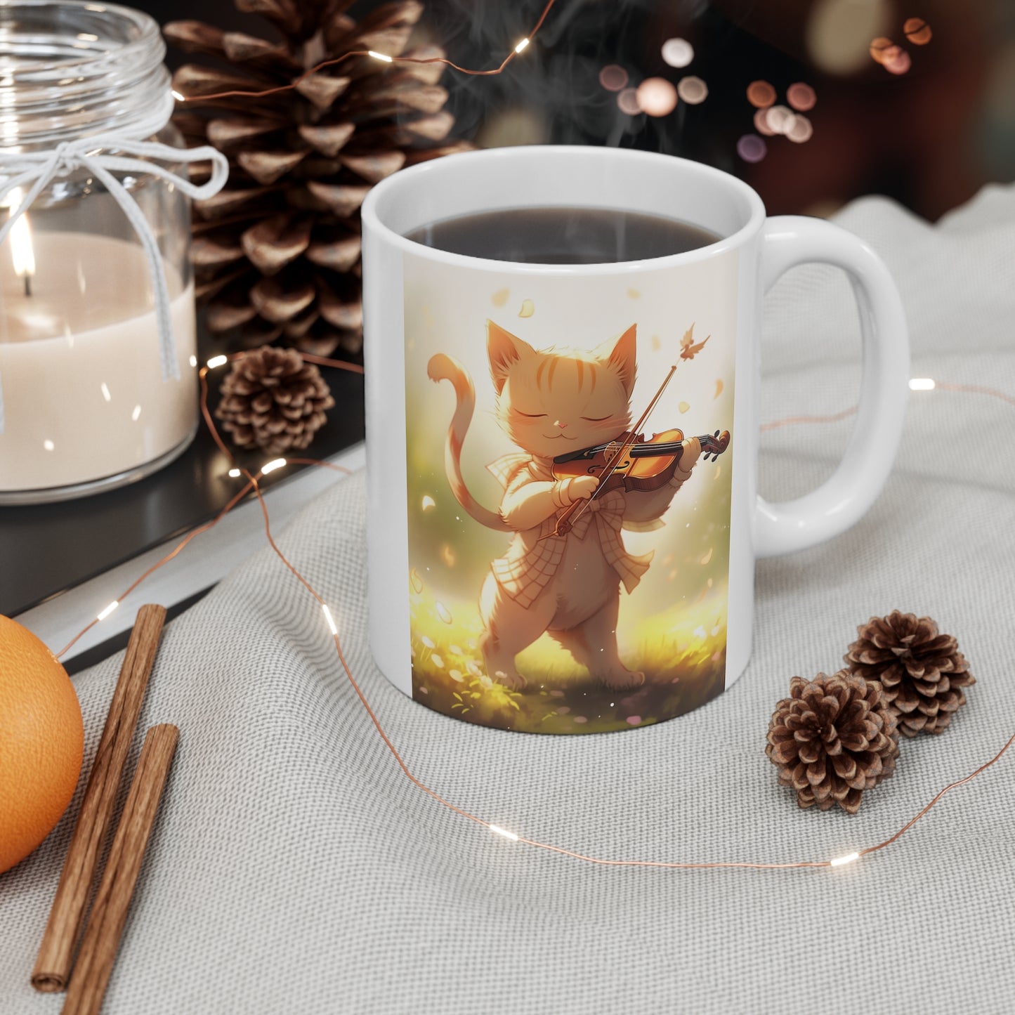White Mug 11oz Ginger Cat Playing Violin in Forest Anime Style