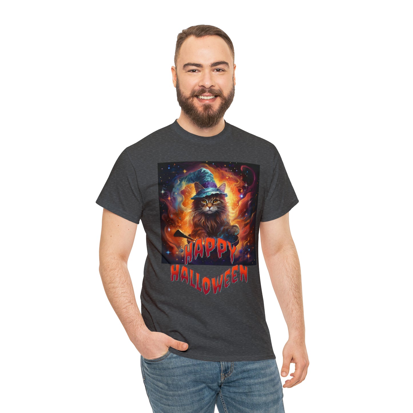 Unisex Cotton T-Shirt Happy Halloween Wizard Cat Graphic Costume Tee
