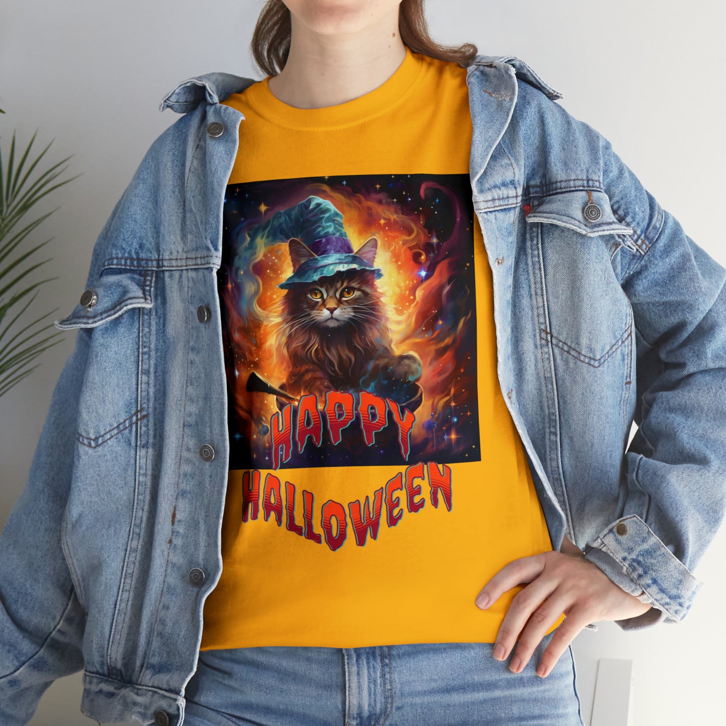 Unisex Cotton T-Shirt Happy Halloween Wizard Cat Graphic Costume Tee