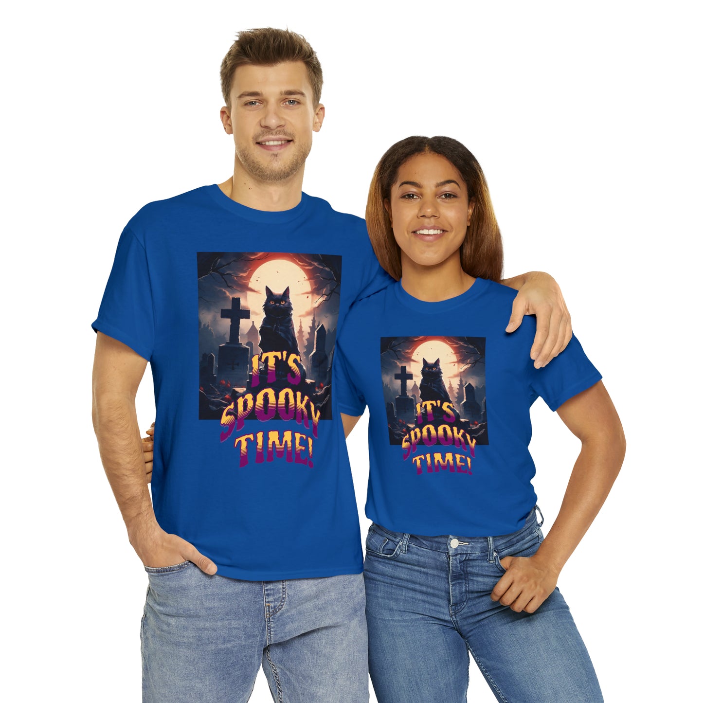 Unisex Cotton T-Shirt Vampire Cat in Spooky Graveyard Halloween Tee