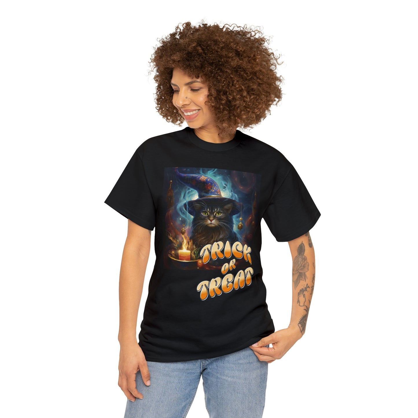 Unisex Cotton T-Shirt Trick or Treat Halloween Cat Graphic Costume Tee