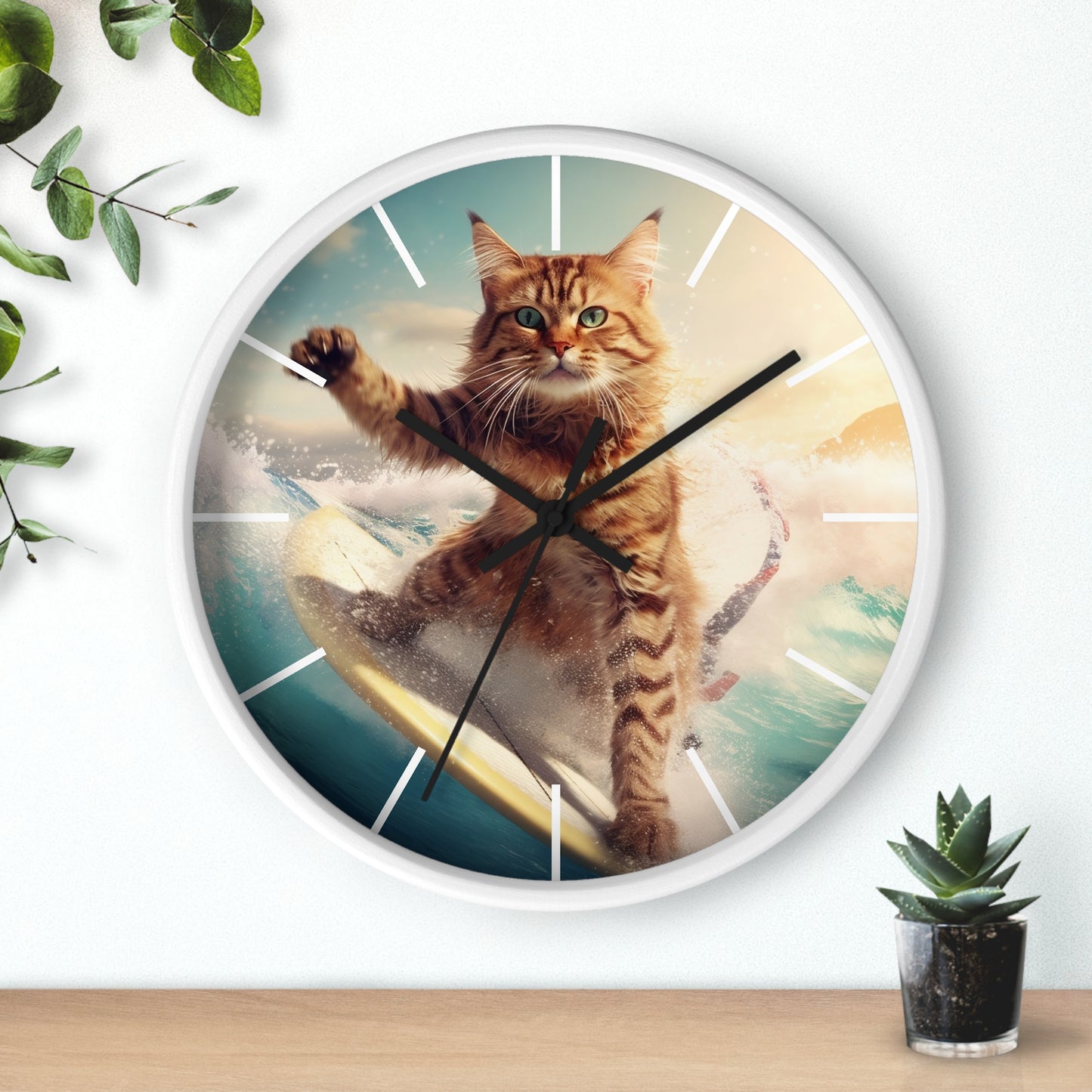 Wall Clock Brown Tabby Cat Surfing at Beach Home Decor