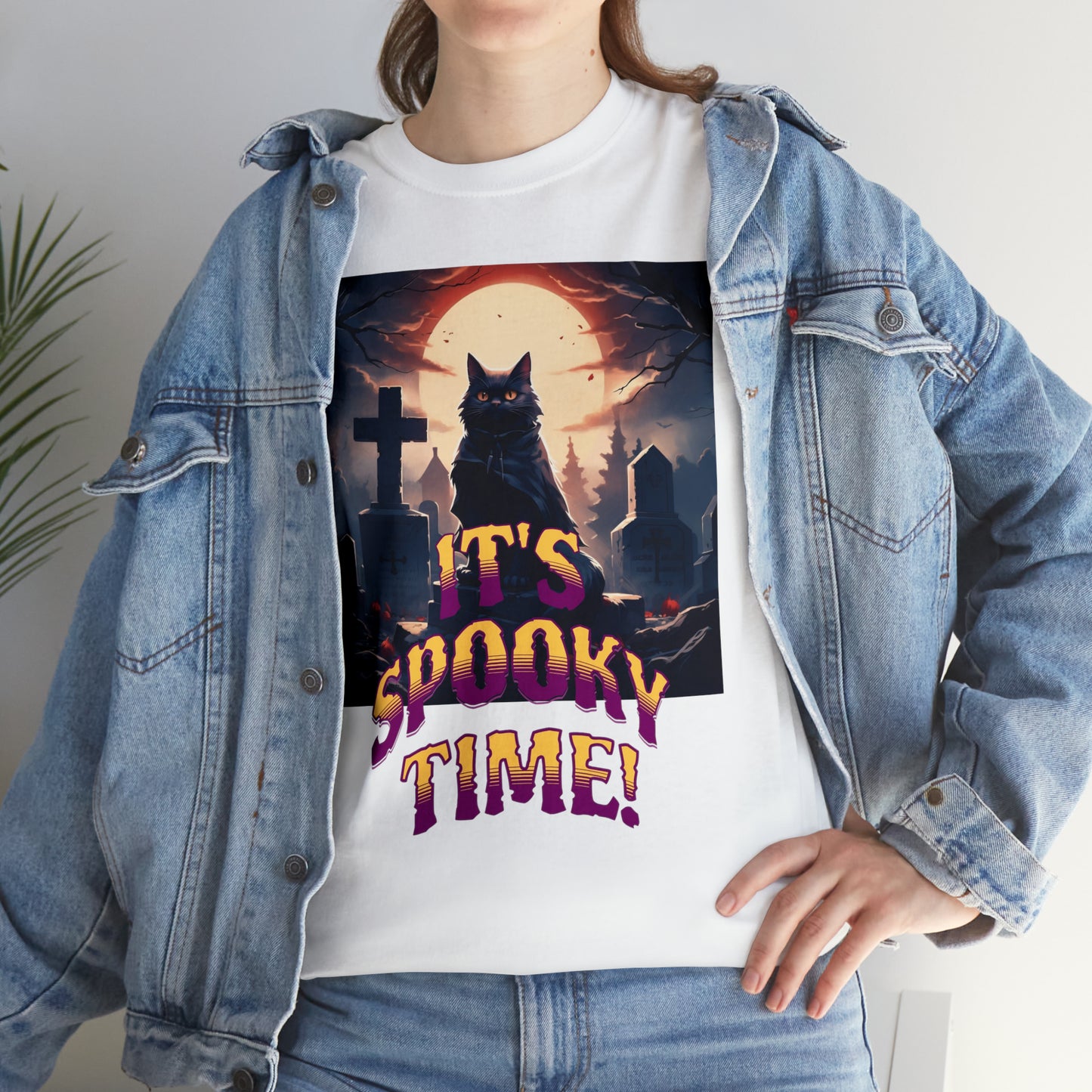 Unisex Cotton T-Shirt Vampire Cat in Spooky Graveyard Halloween Tee