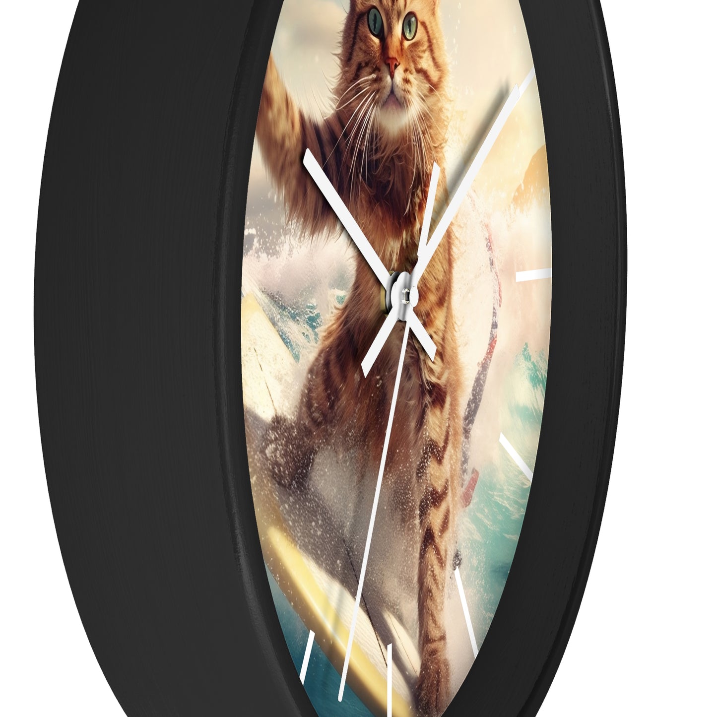 Wall Clock Brown Tabby Cat Surfing at Beach Home Decor