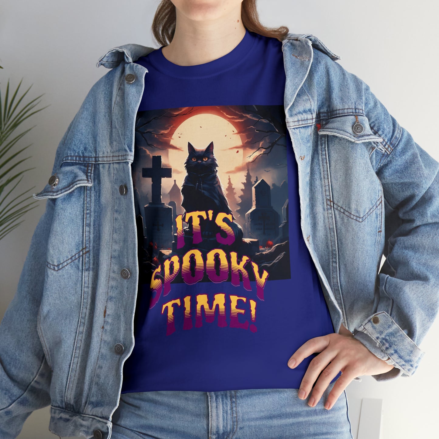 Unisex Cotton T-Shirt Vampire Cat in Spooky Graveyard Halloween Tee