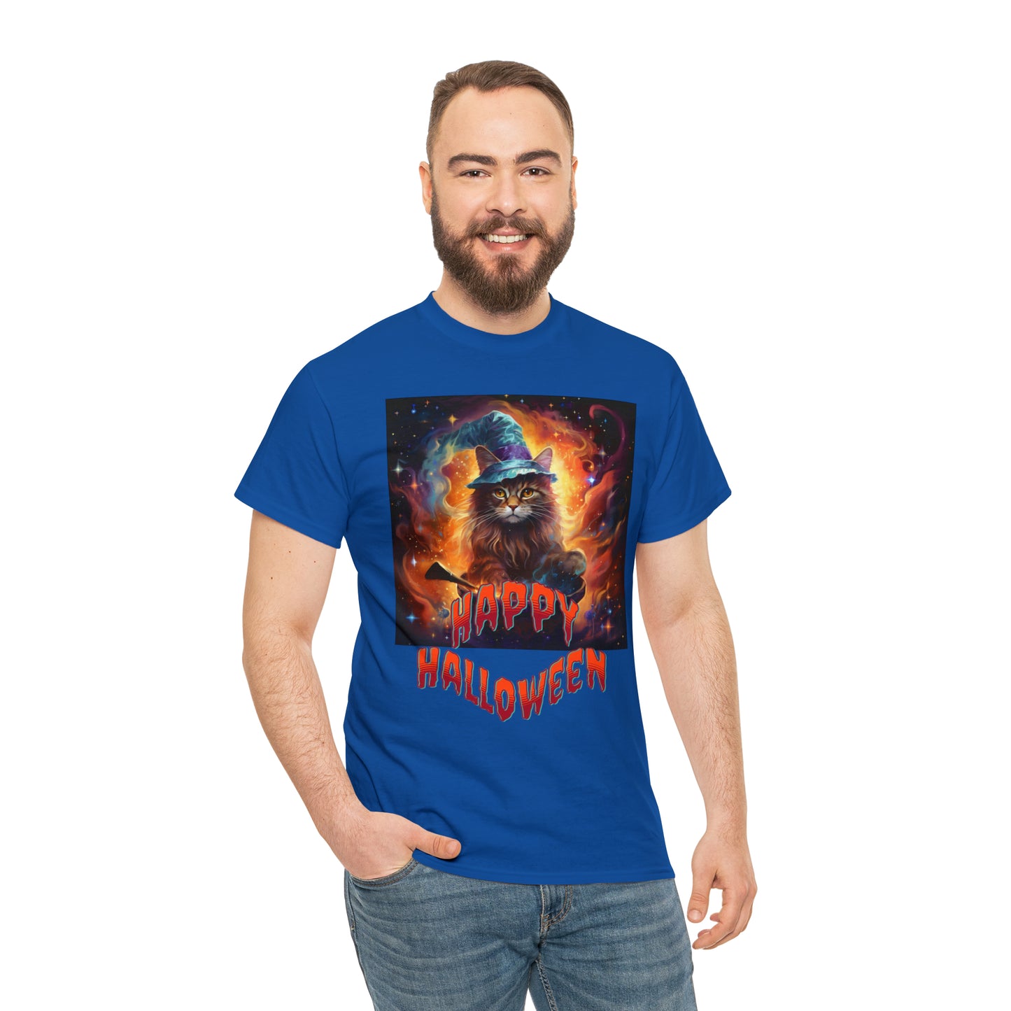 Unisex Cotton T-Shirt Happy Halloween Wizard Cat Graphic Costume Tee
