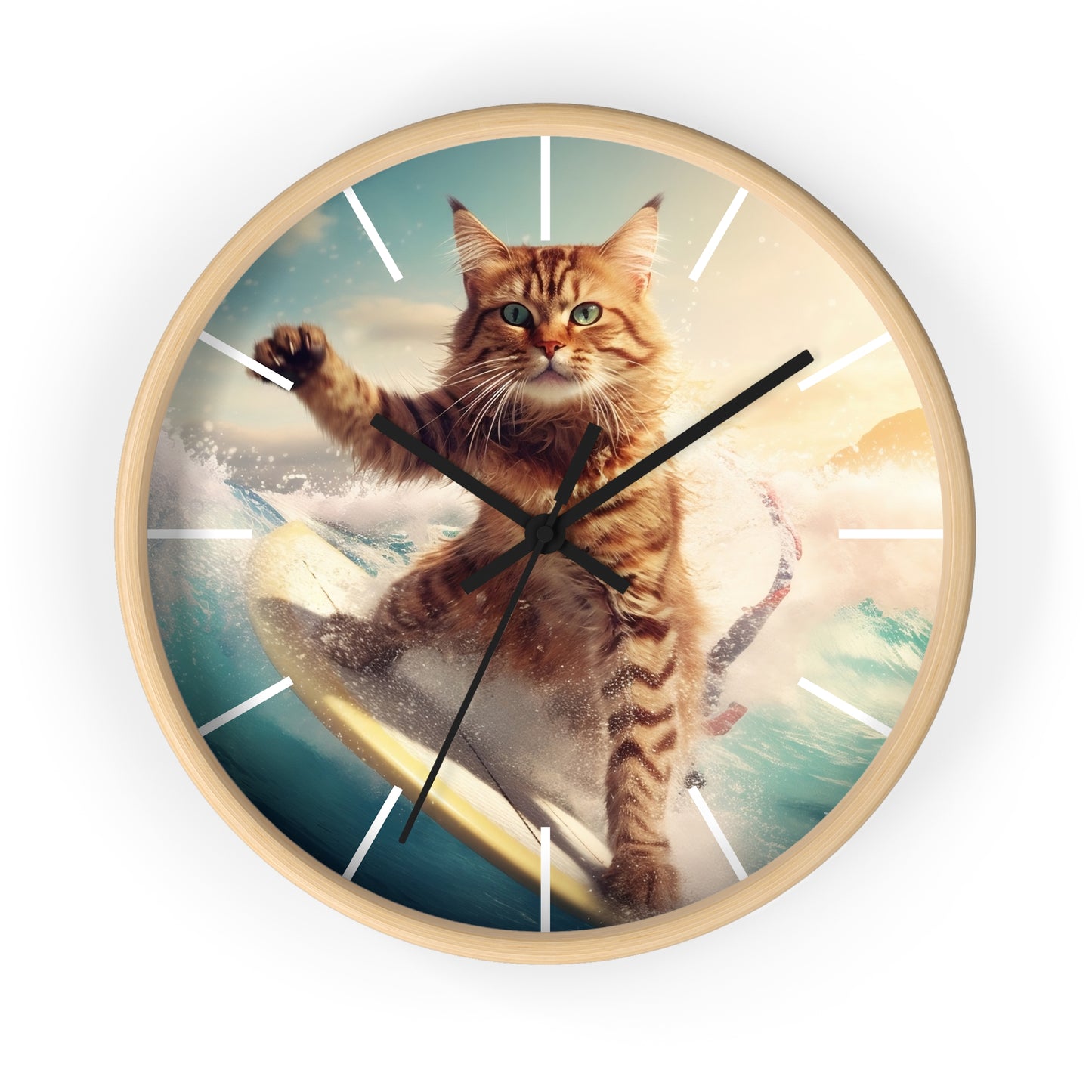 Wall Clock Brown Tabby Cat Surfing at Beach Home Decor