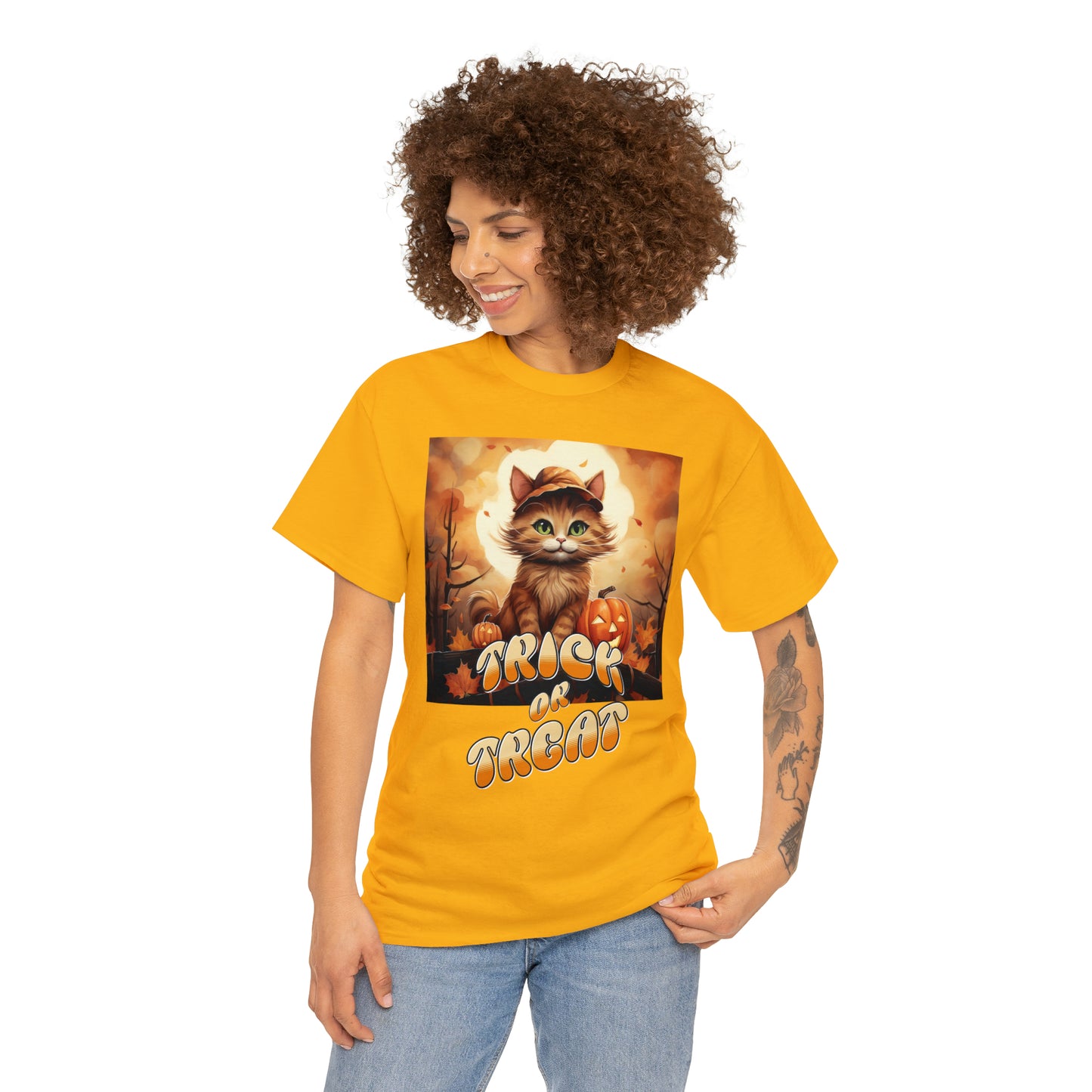 Unisex Cotton T-Shirt Trick or Treat Pumpkin Cat Graphic Costume Tee