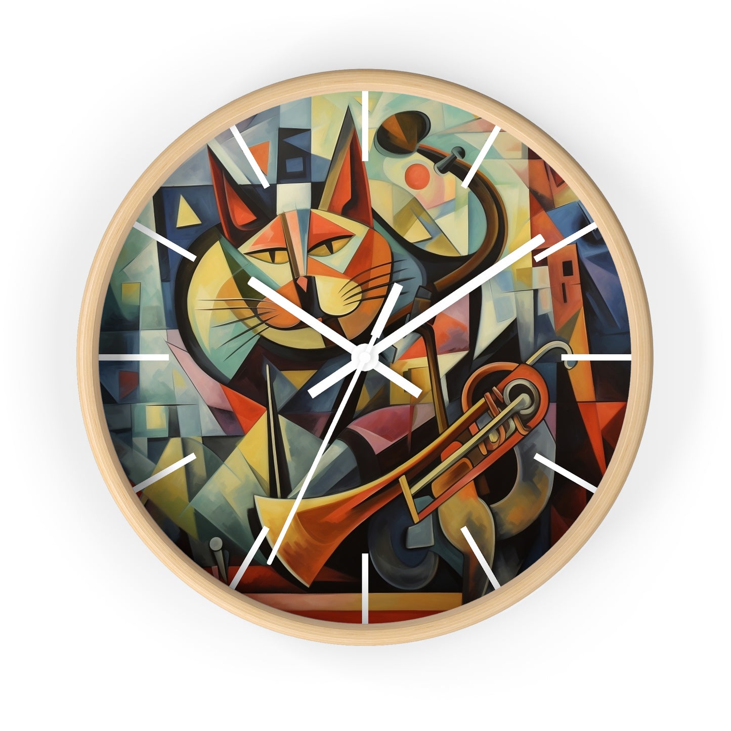 Wall Clock Trumpeter Cat Play Trumpet Music Cubism Graphic Home Decor