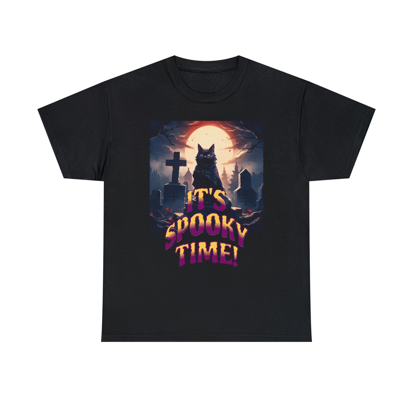 Unisex Cotton T-Shirt Vampire Cat in Spooky Graveyard Halloween Tee