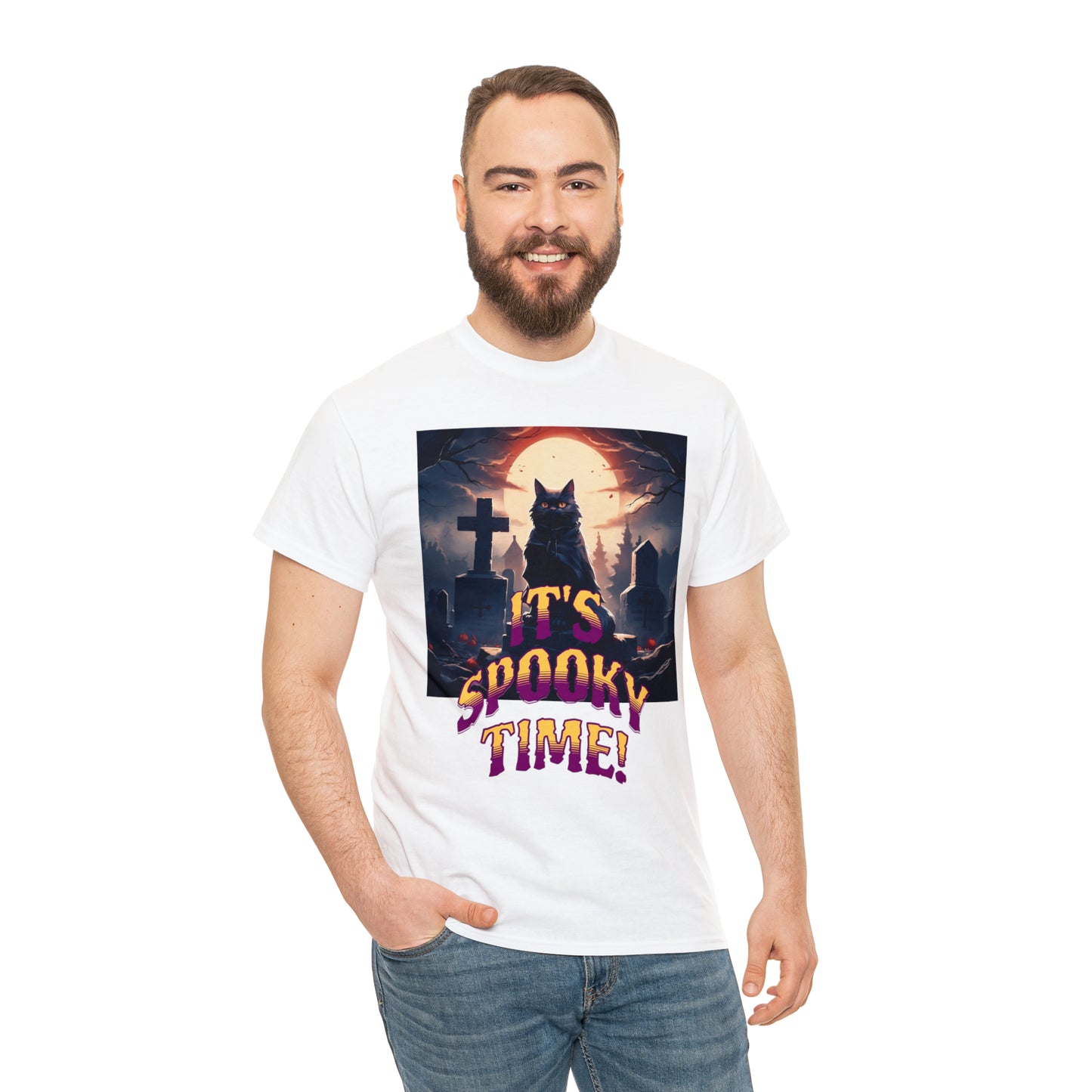 Unisex Cotton T-Shirt Vampire Cat in Spooky Graveyard Halloween Tee