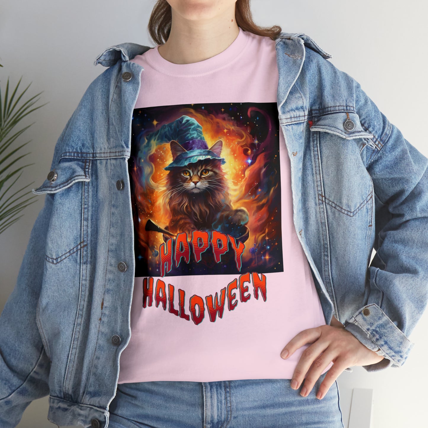 Unisex Cotton T-Shirt Happy Halloween Wizard Cat Graphic Costume Tee