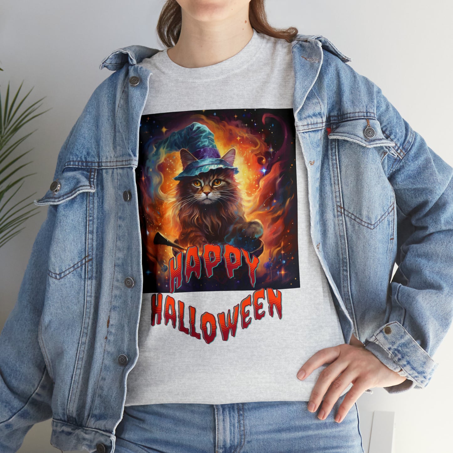 Unisex Cotton T-Shirt Happy Halloween Wizard Cat Graphic Costume Tee