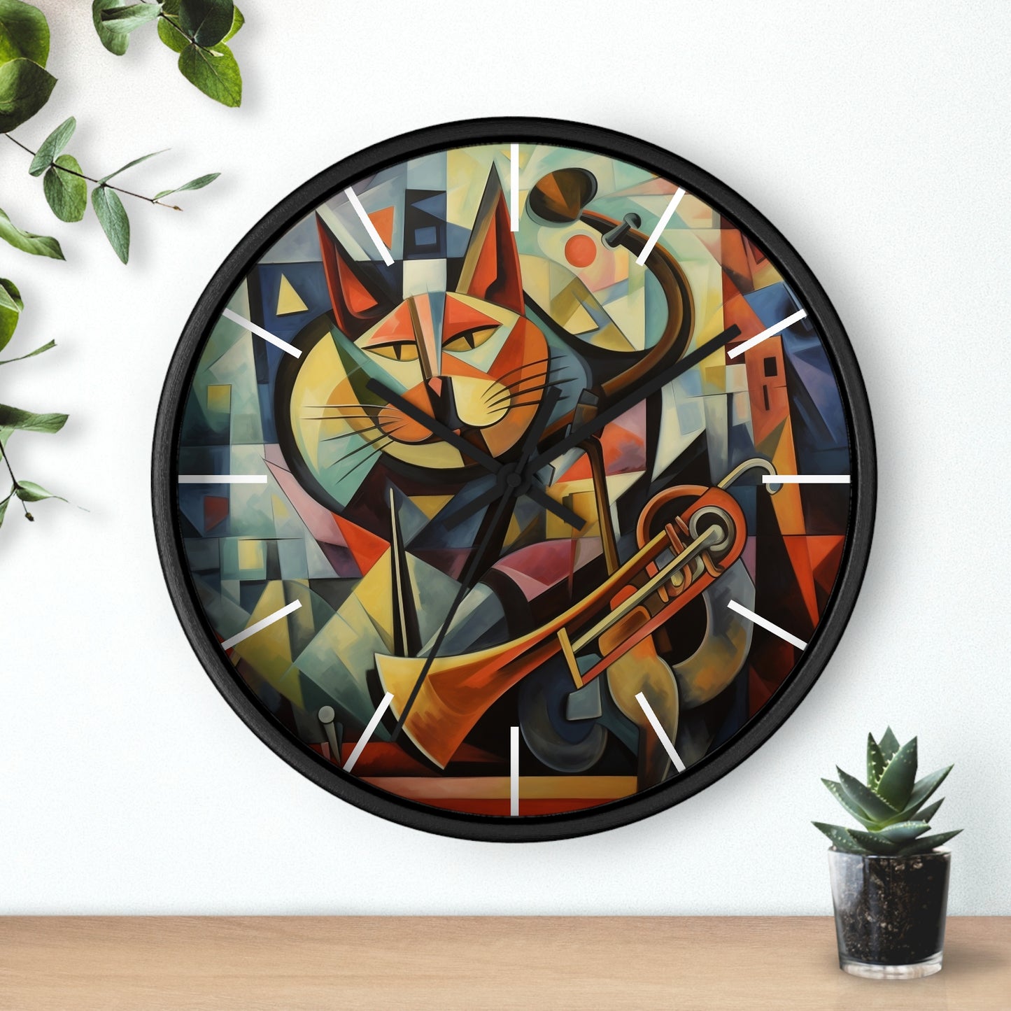 Wall Clock Trumpeter Cat Play Trumpet Music Cubism Graphic Home Decor