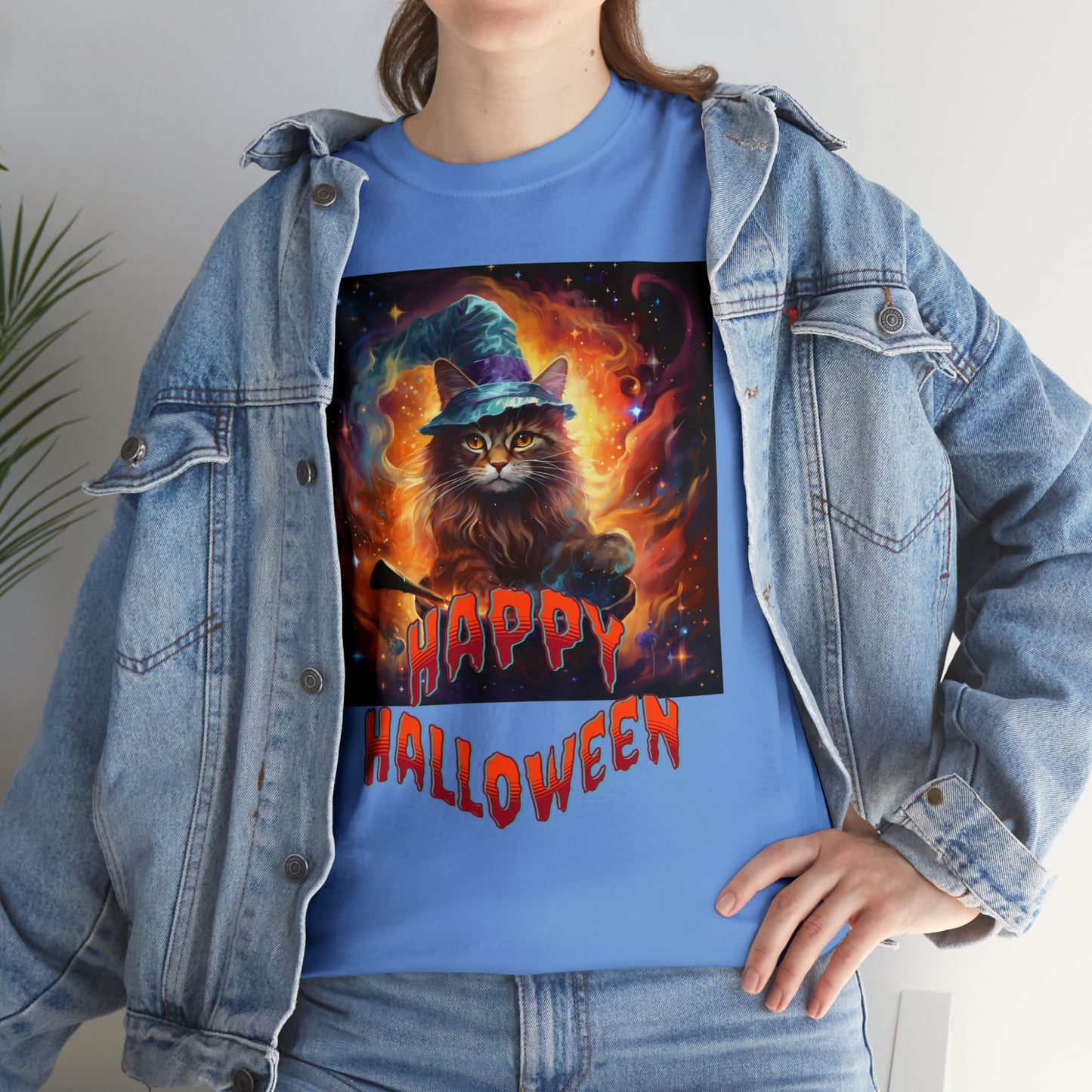Unisex Cotton T-Shirt Happy Halloween Wizard Cat Graphic Costume Tee