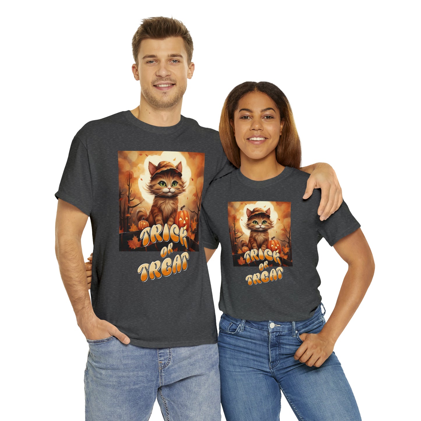 Unisex Cotton T-Shirt Trick or Treat Pumpkin Cat Graphic Costume Tee