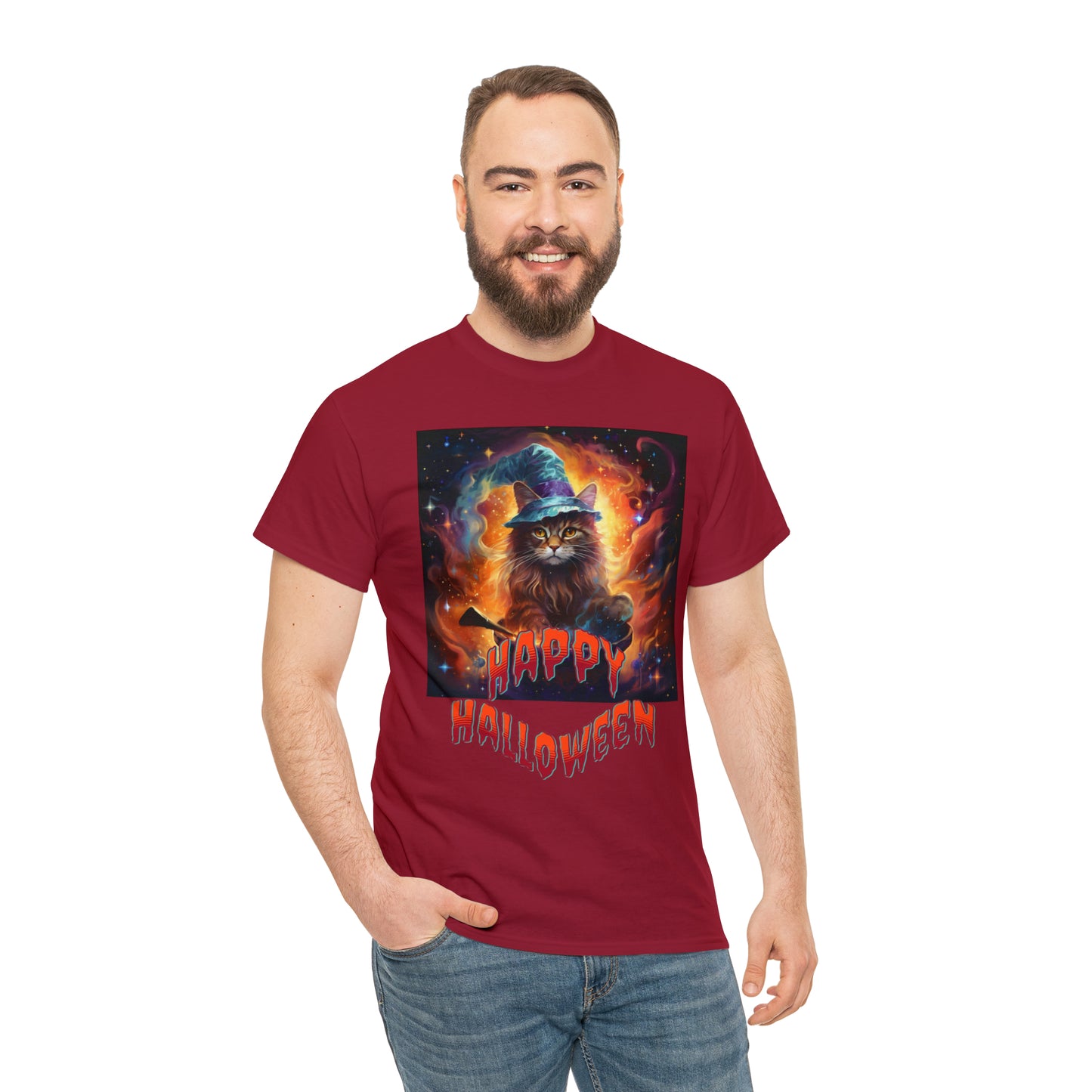 Unisex Cotton T-Shirt Happy Halloween Wizard Cat Graphic Costume Tee
