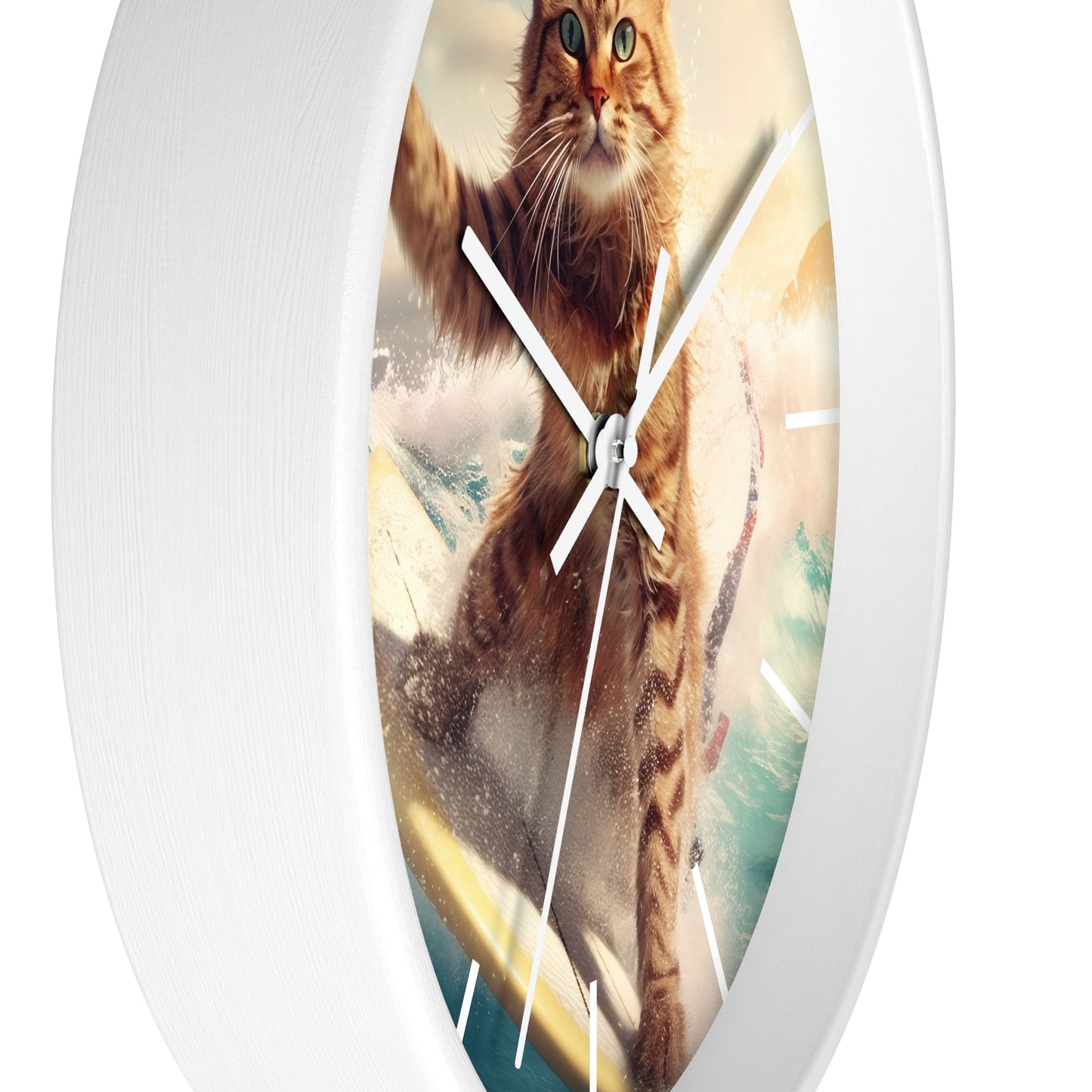 Wall Clock Brown Tabby Cat Surfing at Beach Home Decor