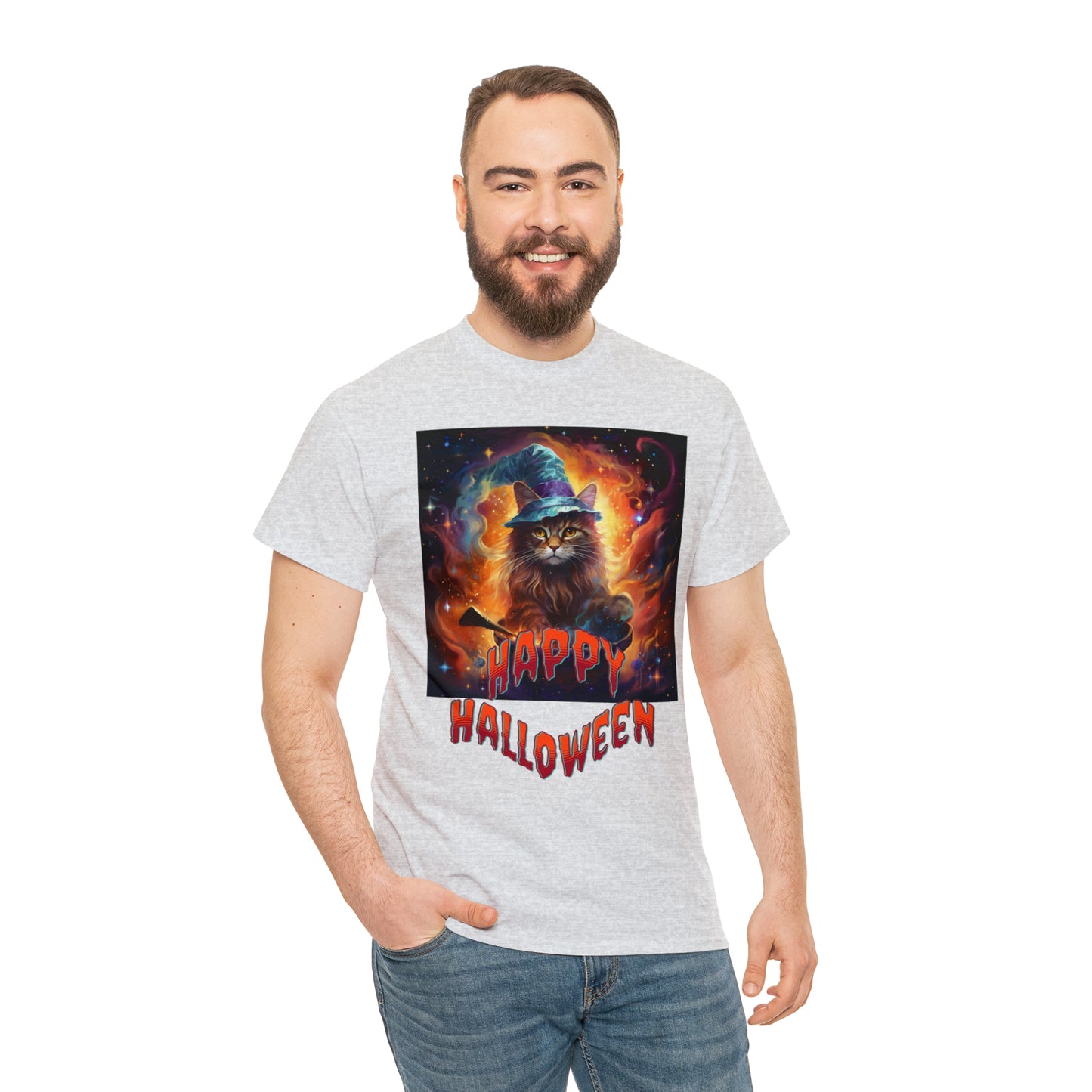 Unisex Cotton T-Shirt Happy Halloween Wizard Cat Graphic Costume Tee