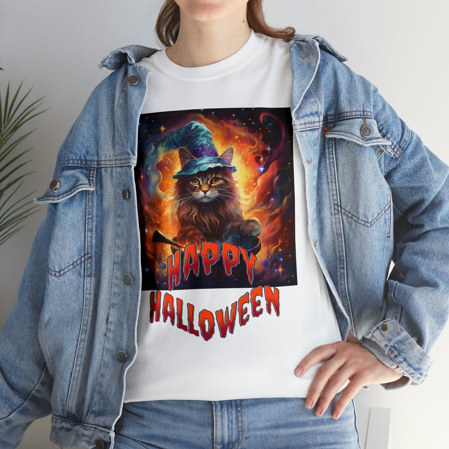 Unisex Cotton T-Shirt Happy Halloween Wizard Cat Graphic Costume Tee