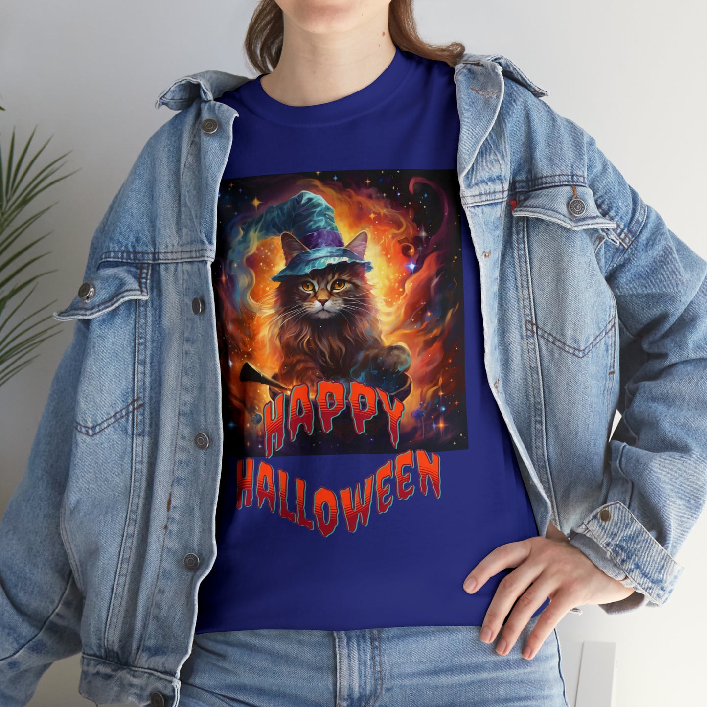 Unisex Cotton T-Shirt Happy Halloween Wizard Cat Graphic Costume Tee