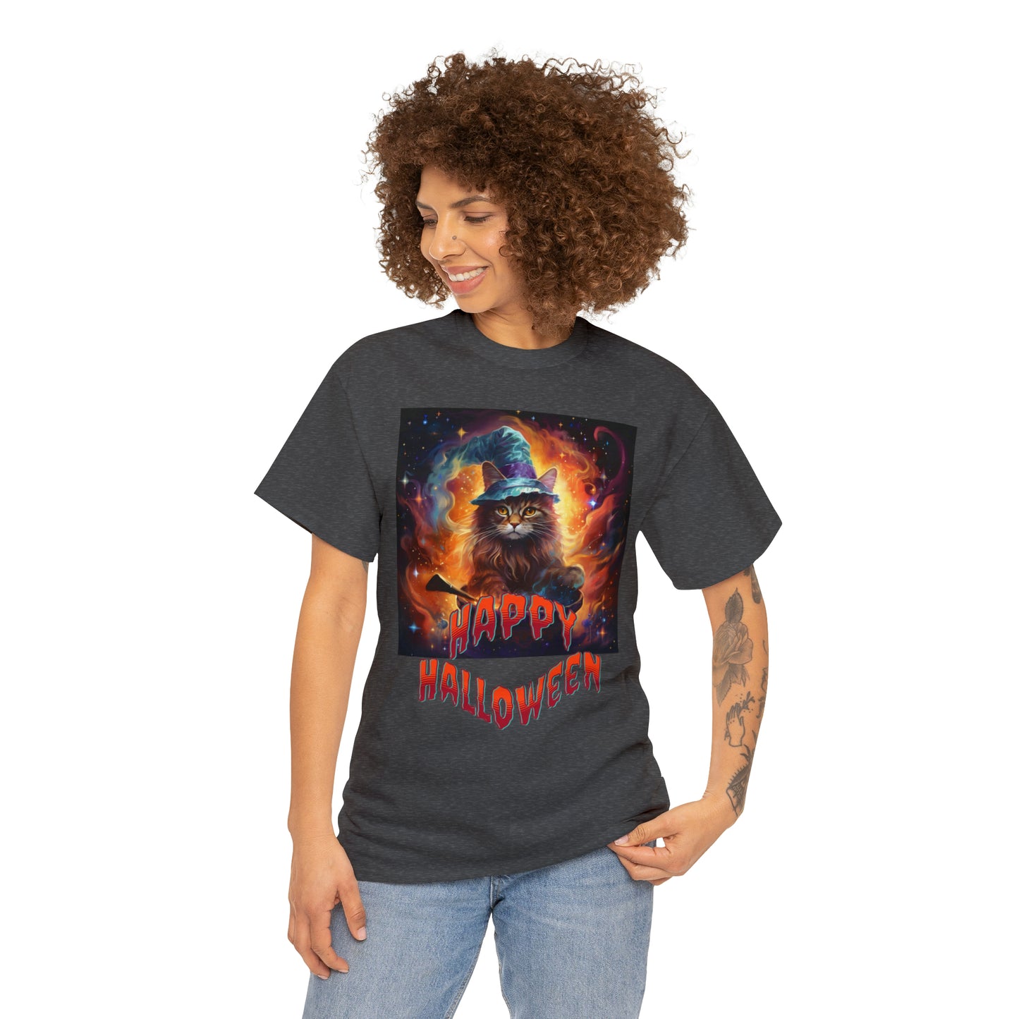 Unisex Cotton T-Shirt Happy Halloween Wizard Cat Graphic Costume Tee