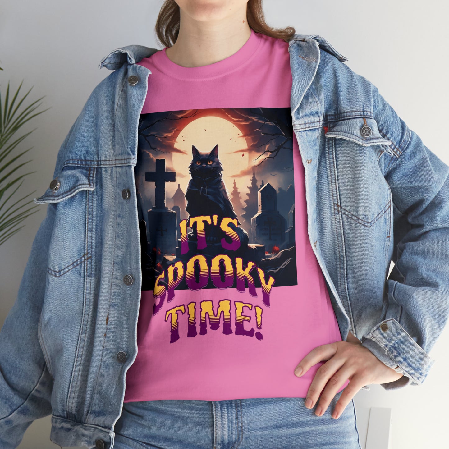 Unisex Cotton T-Shirt Vampire Cat in Spooky Graveyard Halloween Tee