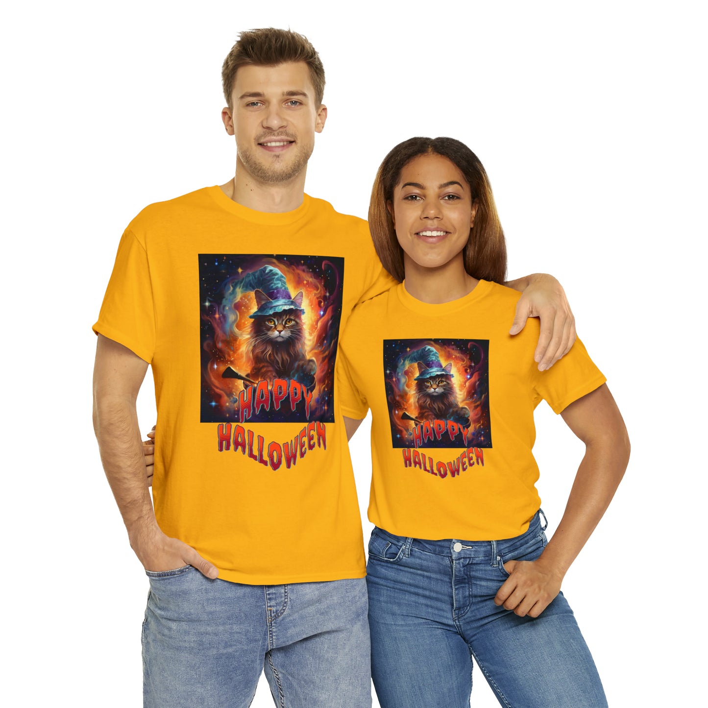 Unisex Cotton T-Shirt Happy Halloween Wizard Cat Graphic Costume Tee