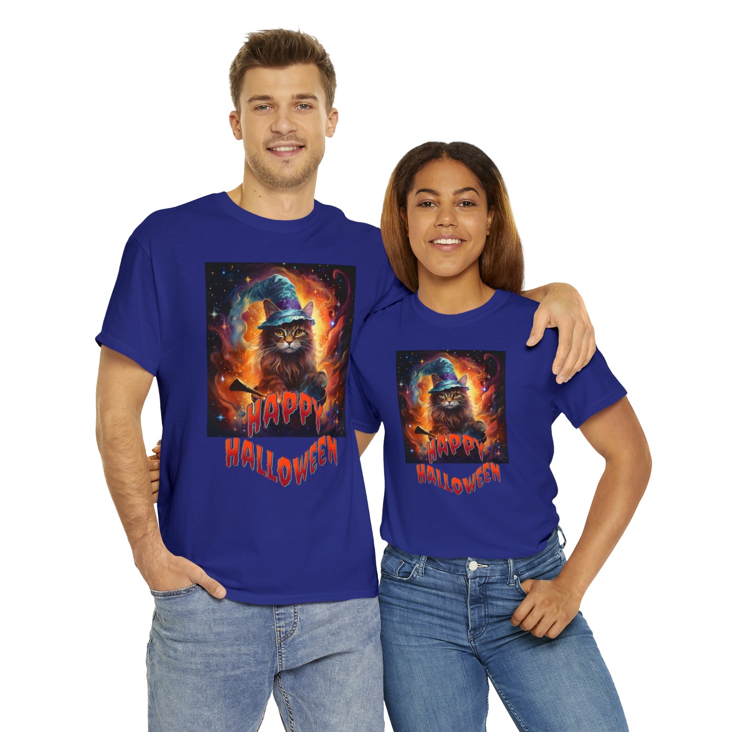 Unisex Cotton T-Shirt Happy Halloween Wizard Cat Graphic Costume Tee