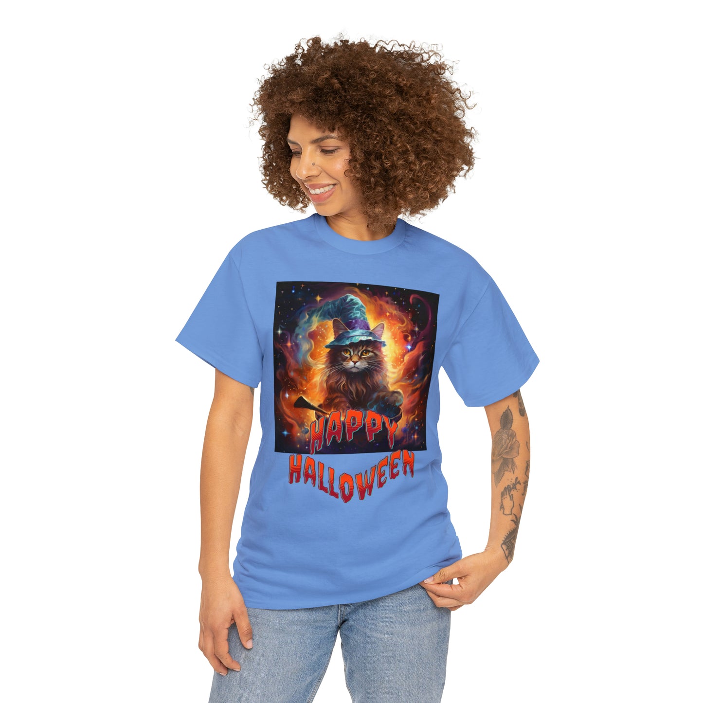 Unisex Cotton T-Shirt Happy Halloween Wizard Cat Graphic Costume Tee